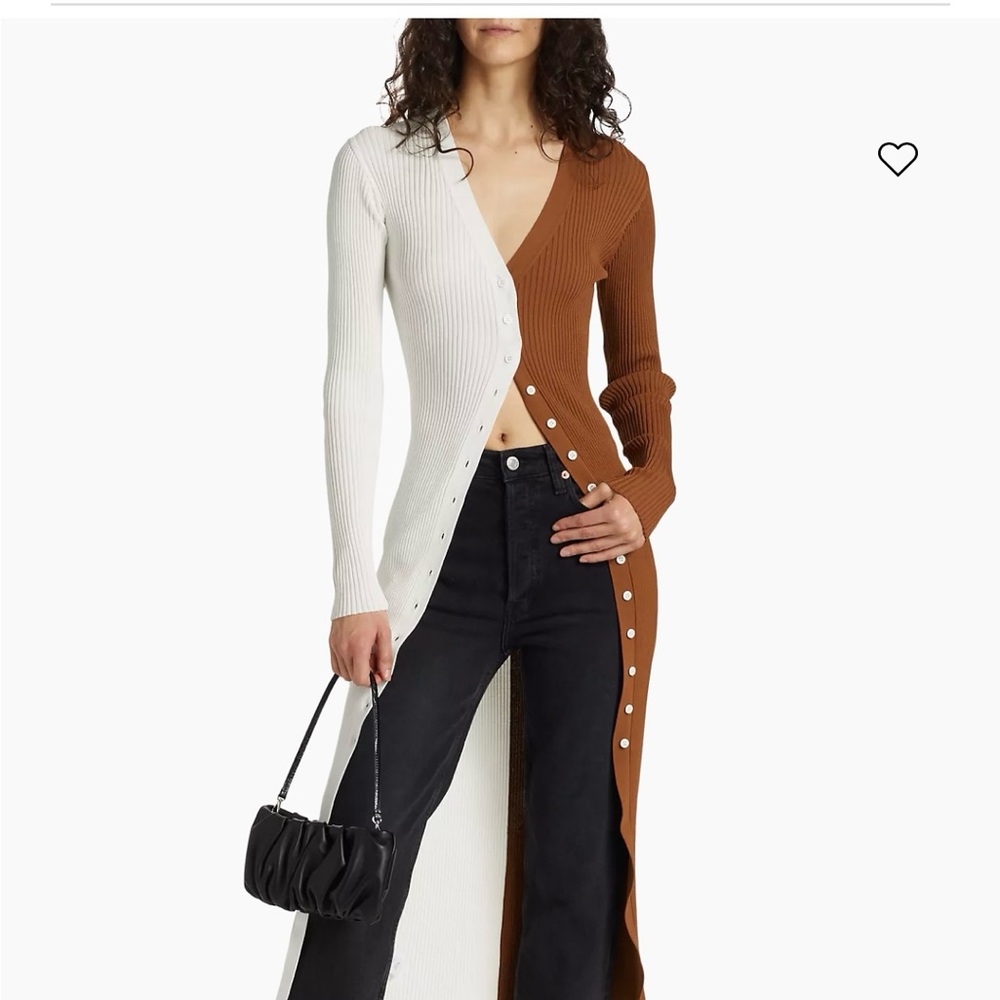 STAUD White and Tan Asymmetrical Long Sleeve Bodycon Dress